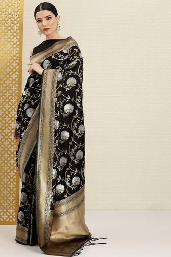 Black soft silk blend banarasi jacuard work designer party wear saree with unstitched blouse piece