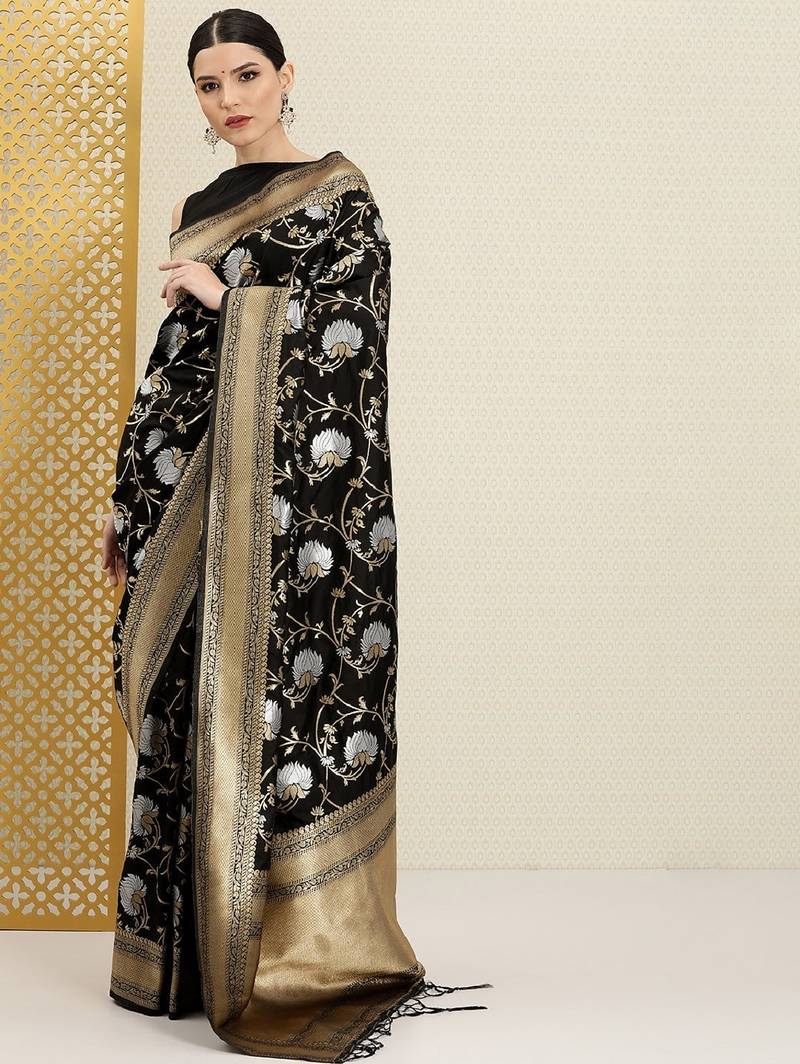 Black soft silk blend banarasi jacuard work designer party wear saree with unstitched blouse piece