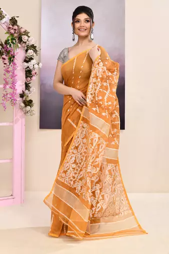 Women's mustard embellished cotton blend jamdani saree