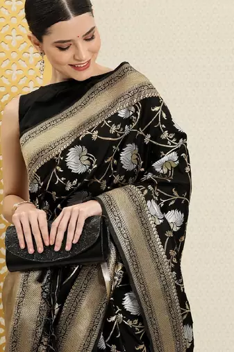 Black silk blend banarasi saree with unstitched blouse piece