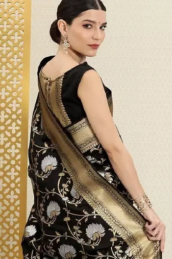 Black silk blend banarasi saree with unstitched blouse piece