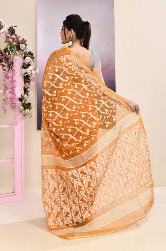 Women's mustard embellished cotton blend jamdani saree