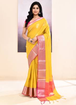 Women's mustard yellow embellished silk saree 1