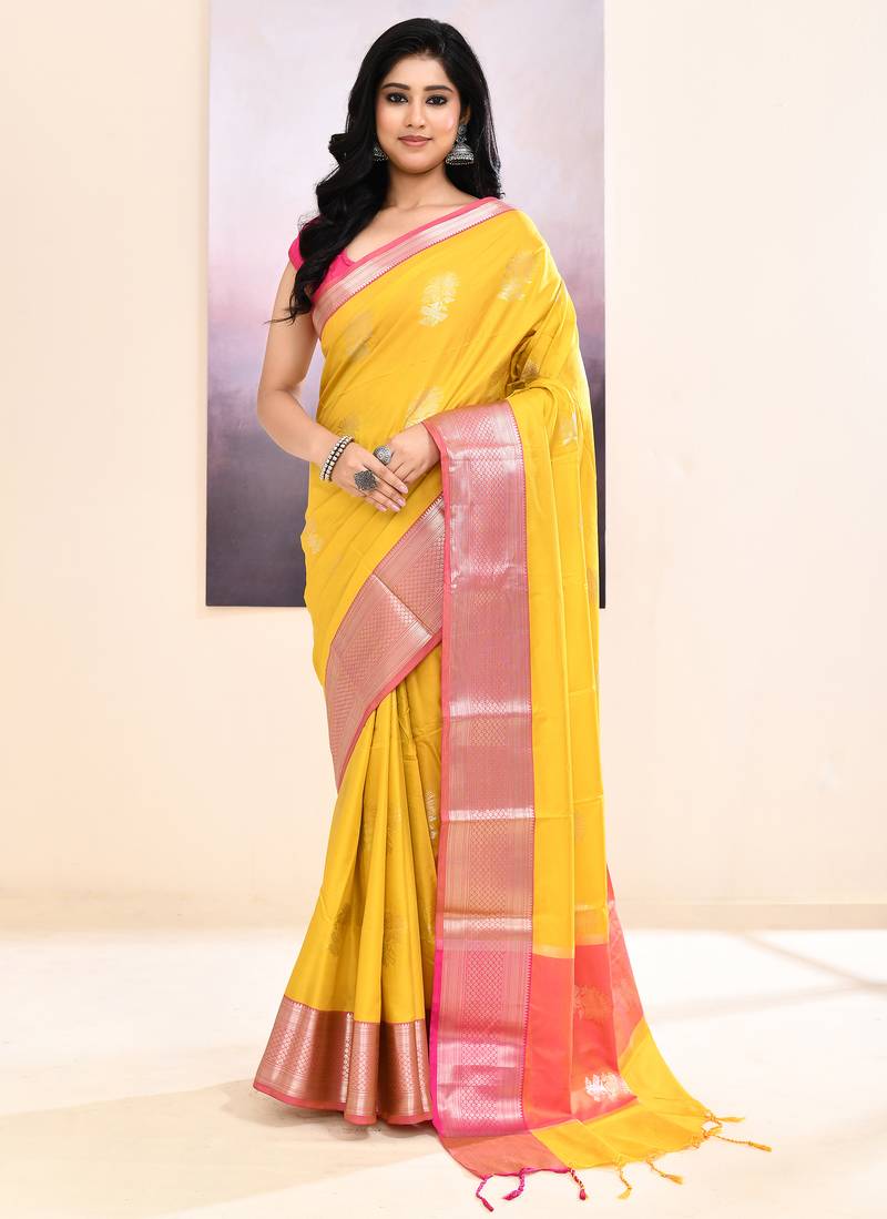 Women's mustard yellow embellished silk saree