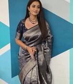 Blue silk blend banarasi saree with unstitched blouse piece