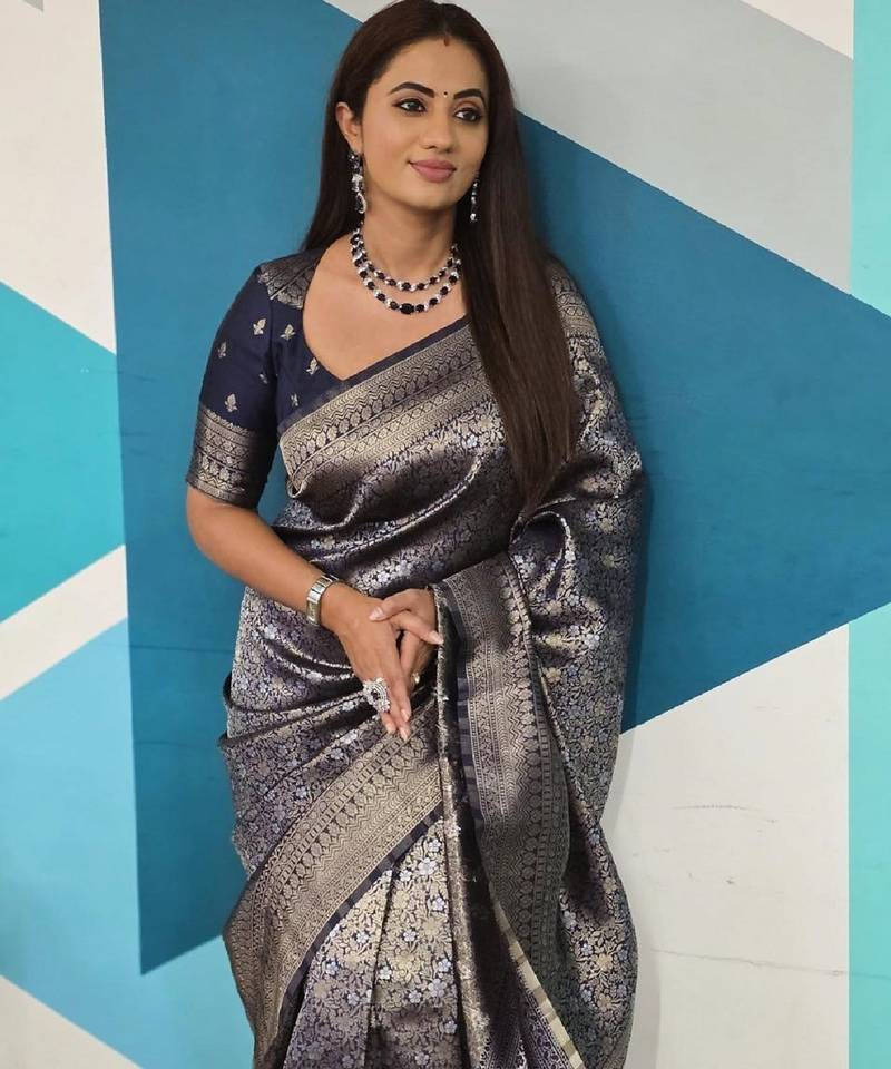 Blue soft silk blend banarasi jacuard work designer party wear saree with unstitched blouse piece