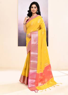 Women's mustard yellow embellished silk saree 2