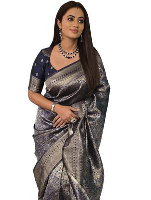Blue silk blend banarasi saree with unstitched blouse piece 2