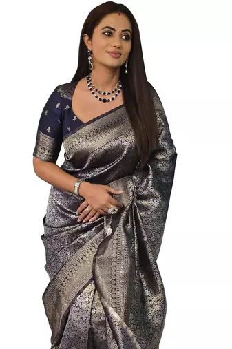 Blue silk blend banarasi saree with unstitched blouse piece