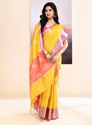 Women's mustard yellow embellished silk saree 3