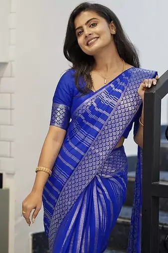 Royal blue silk blend banarasi saree with unstitched blouse piece