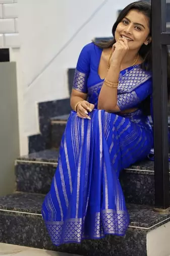 Royal blue silk blend banarasi saree with unstitched blouse piece
