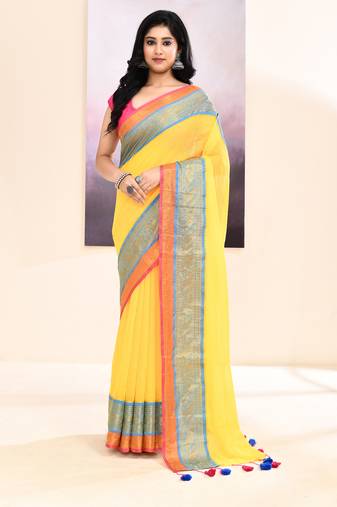 Women's yellow embellished zari border cotton saree