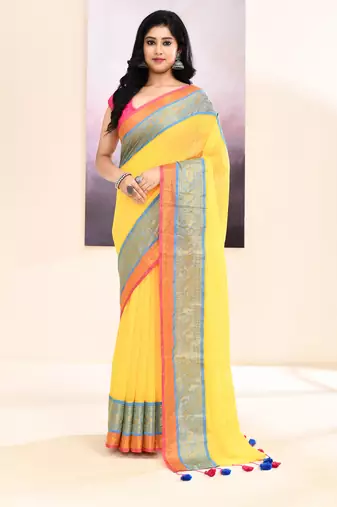 Women's yellow embellished zari border cotton saree