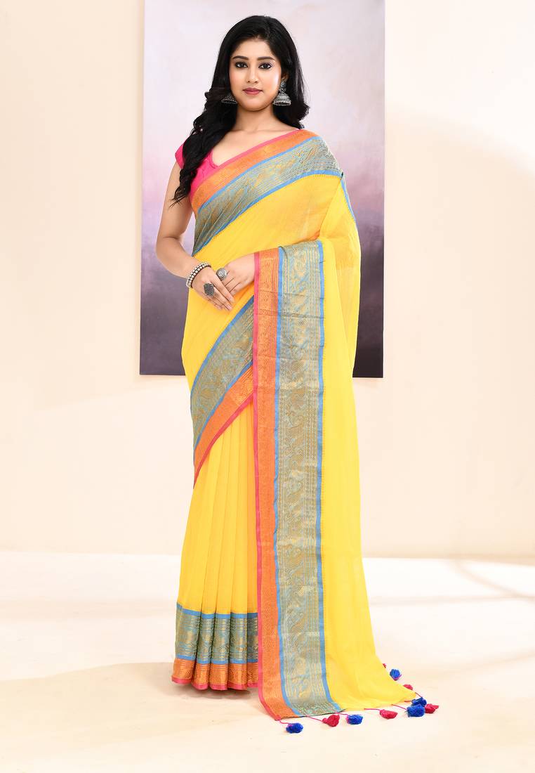 Women's yellow embellished zari border cotton saree