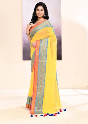 Women's yellow embellished zari border cotton saree 2