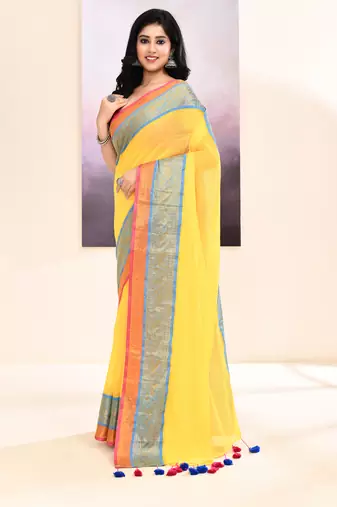 Women's yellow embellished zari border cotton saree
