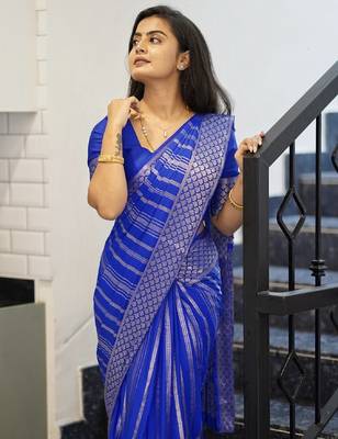 Royal blue silk blend banarasi saree with unstitched blouse piece 5