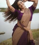 Purple silk blend banarasi saree with unstitched blouse piece