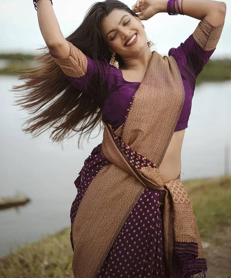 Purple soft silk blend banarasi jacuard work designer party wear saree with unstitched blouse piece