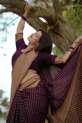 Purple silk blend banarasi saree with unstitched blouse piece