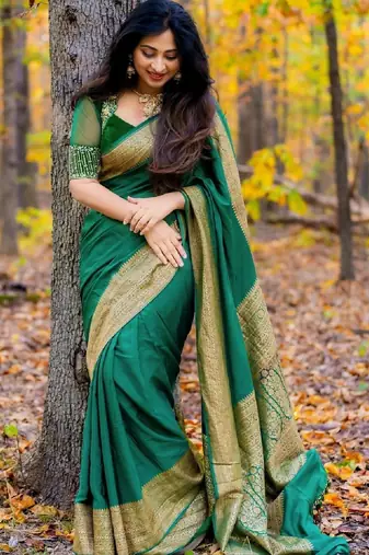 Bottle green soft silk blend banarasi jacuard work designer party wear saree with unstitched blouse piece