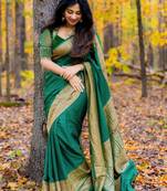 Bottle green silk blend banarasi saree with unstitched blouse piece