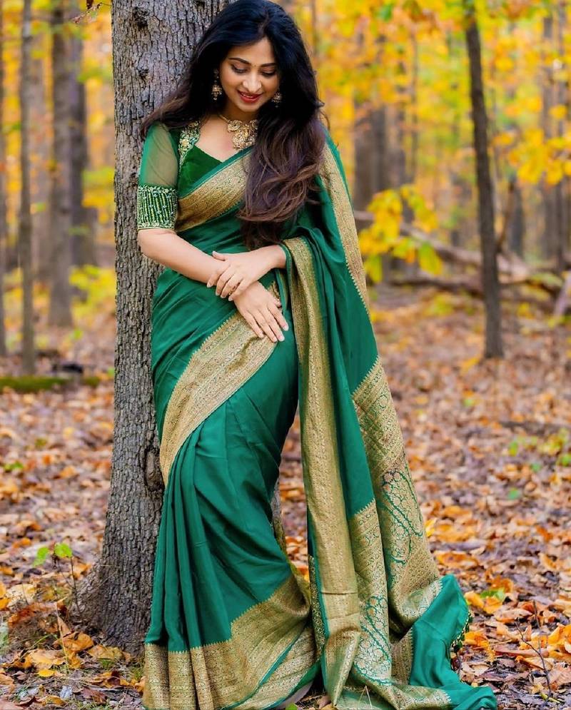 Bottle green soft silk blend banarasi jacuard work designer party wear saree with unstitched blouse piece