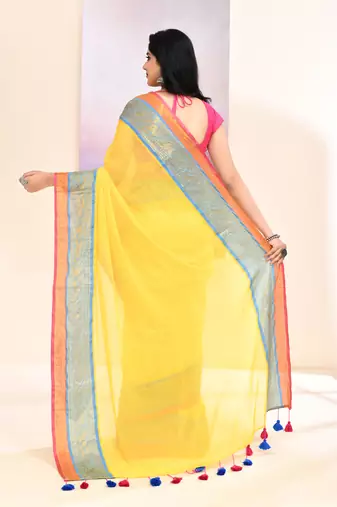 Women's yellow embellished zari border cotton saree