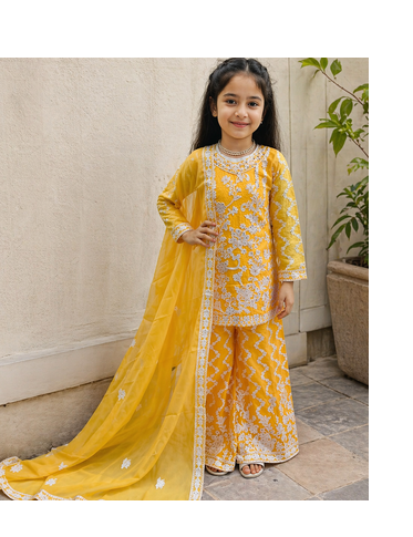 fancy Georgette Embroidery and Diamond Work Yellow Readymade Salwar Suit 1