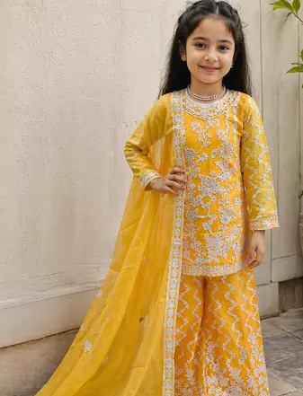 fancy Georgette Embroidery and Diamond Work Yellow Readymade Salwar Suit