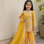 fancy Georgette Embroidery and Diamond Work Yellow Readymade Salwar Suit