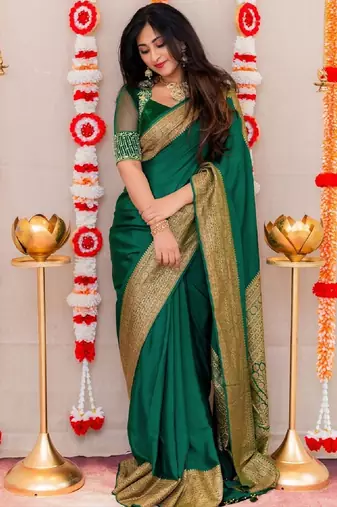 Bottle green silk blend banarasi saree with unstitched blouse piece