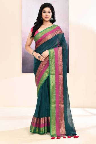 Women's teal embellished zari border cotton saree