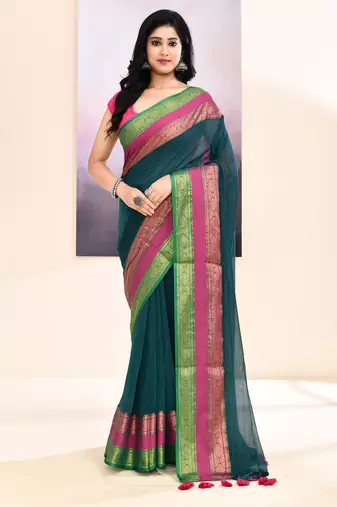 Women's teal embellished zari border cotton saree