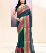 Women's teal embellished zari border cotton saree