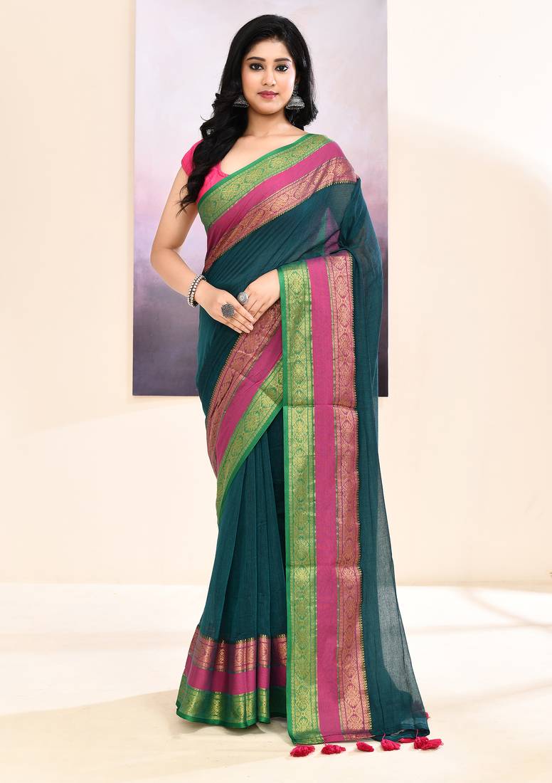 Women's teal embellished zari border cotton saree