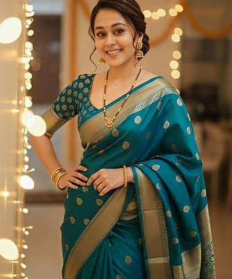 Rama silk blend banarasi saree with unstitched blouse piece 1