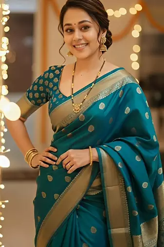 Rama silk blend banarasi saree with unstitched blouse piece