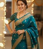 Rama silk blend banarasi saree with unstitched blouse piece