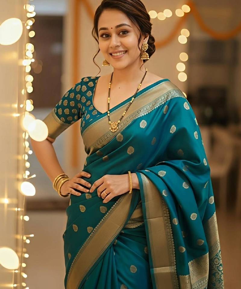 Rama silk blend banarasi saree with unstitched blouse piece