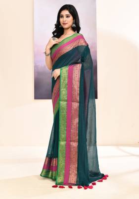 Women's teal embellished zari border cotton saree 2