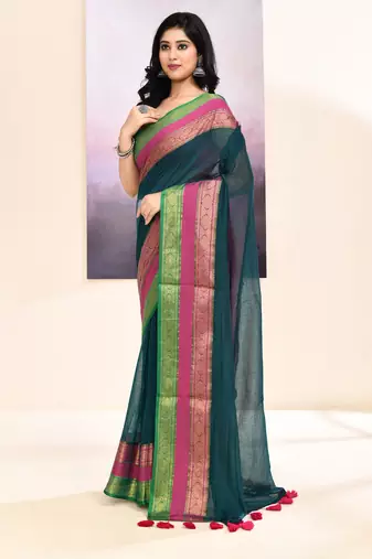 Women's teal embellished zari border cotton saree