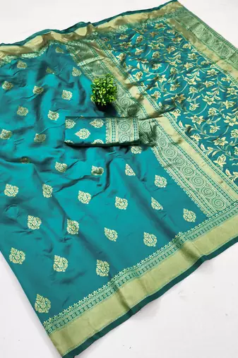 Rama silk blend banarasi saree with unstitched blouse piece