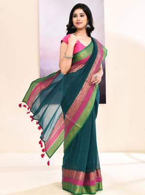 Women's teal embellished zari border cotton saree 3