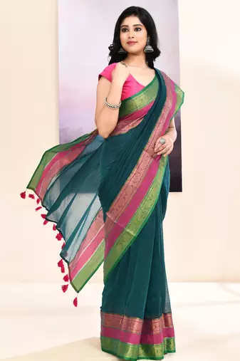 Women's teal embellished zari border cotton saree