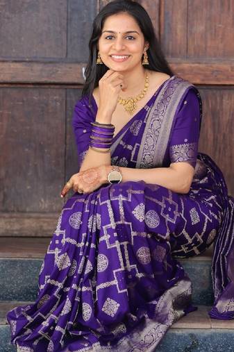 Purple soft silk blend banarasi jacuard work designer party wear saree with unstitched blouse piece