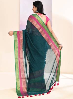 Women's teal embellished zari border cotton saree 4