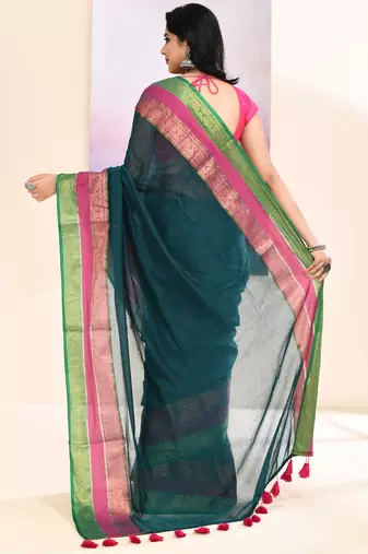 Women's teal embellished zari border cotton saree