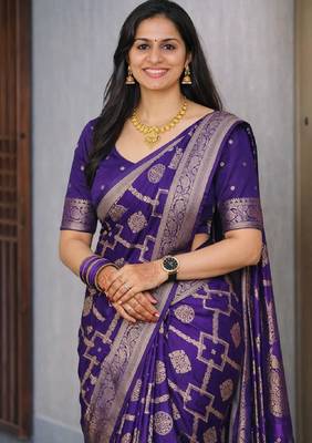 Purple silk blend banarasi saree with unstitched blouse piece 4